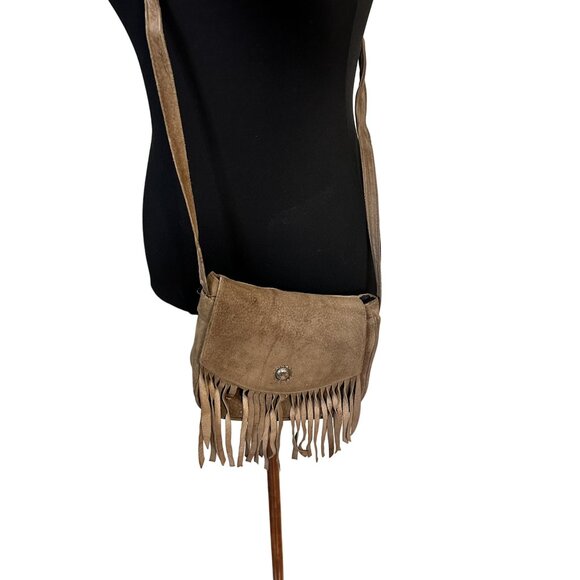 Small Tan Suede Fringe Crossbody Bag Snap Closure Womens Purse - Picture 1 of 8